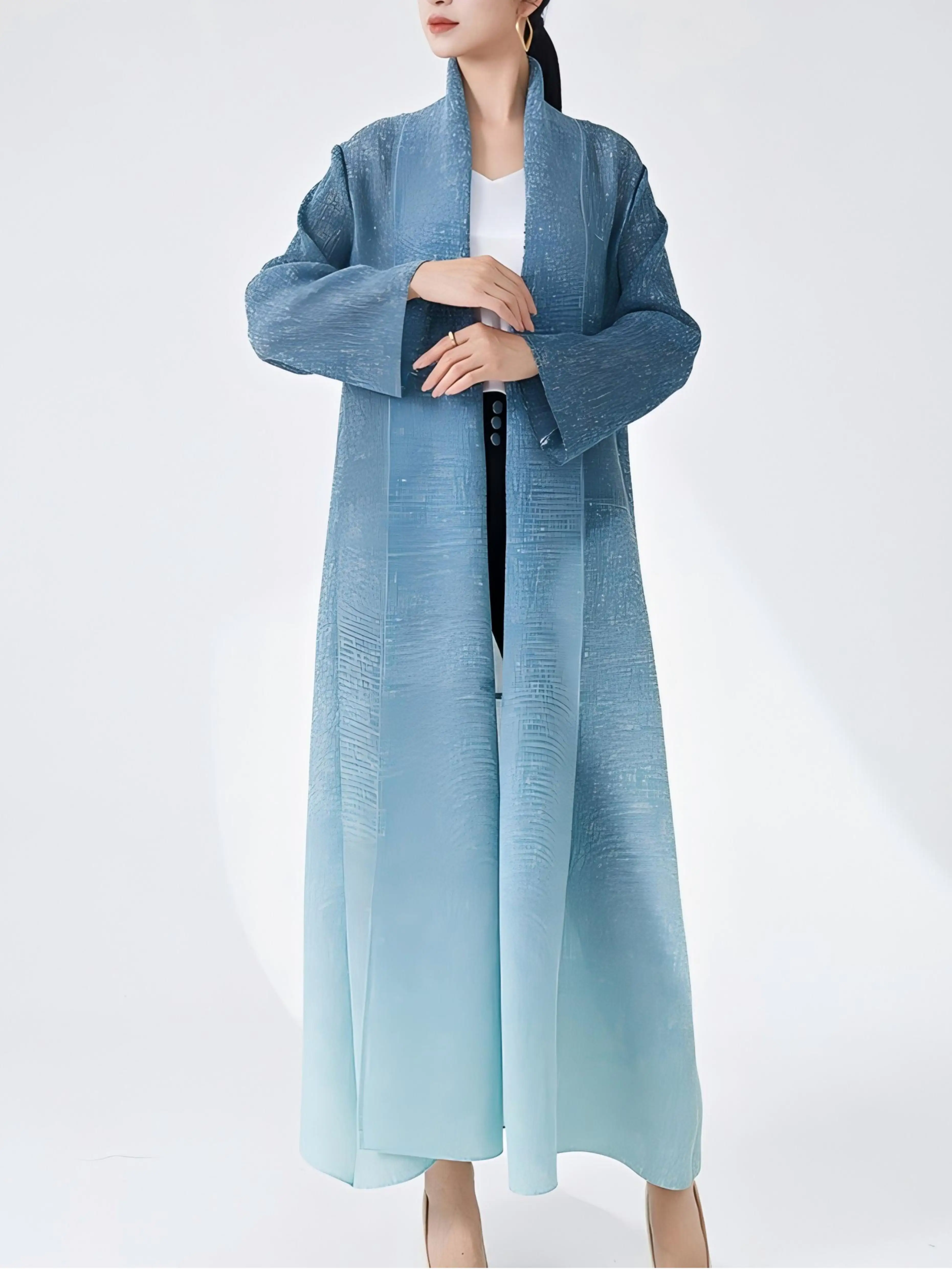 

Women's Middle Eastern pleated long robe, high-end large lapel, new gradient color mid-length cardigan coat, autumn style.