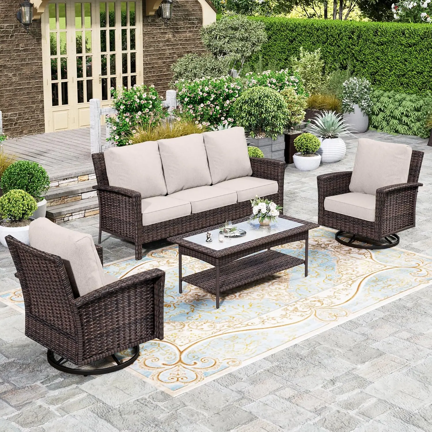 

Outdoor Wicker Furniture w/ High Back Swivel Chairs,5PCS Patio Sectional Sofa Couch Conversation Set w/ Ottomans for Garden Yard