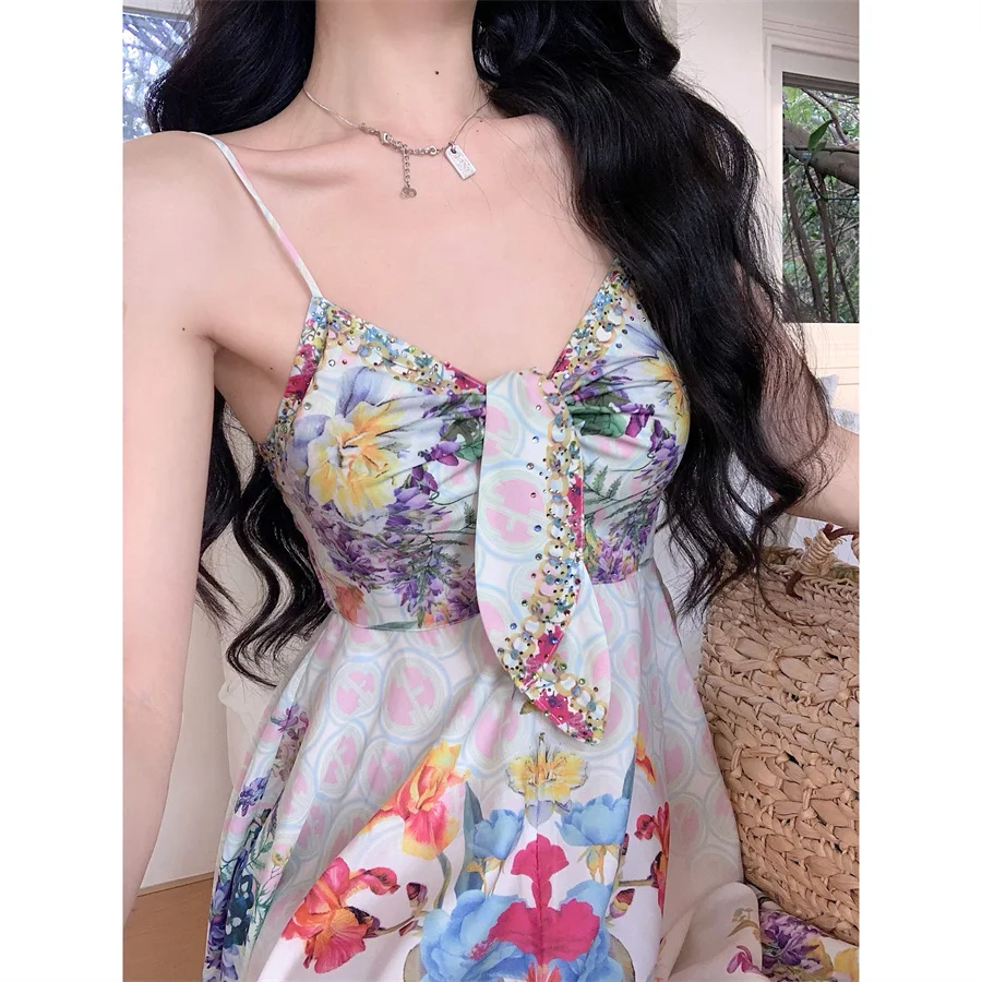 Holiday Beach Sling Party Long Dress For Women Summer Flowers  Print Chiffon Sexy V-Neck Backless Casual Boho Party Dress
