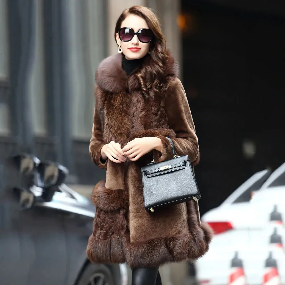 Fashion Long Haining Fur Sheep Shearing Temperament Coat Ladies Winter Imitation Fox Fur Collar Warm Fur One Loose Coat Female .