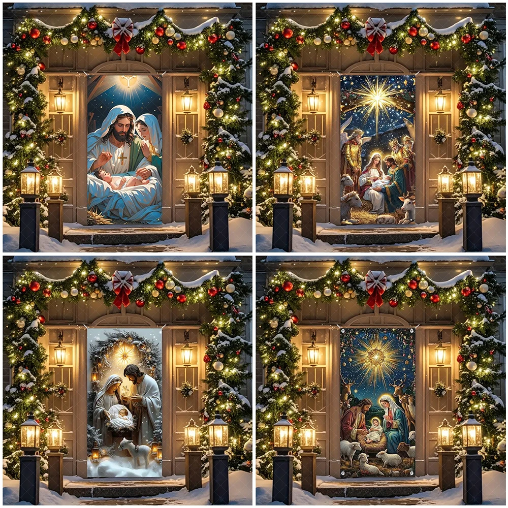

Nativity Jesus Born in the Manger Door Banner Festival Christianity Backdrops Three Kings Religion Supplies Vinyl Hanging Cloth