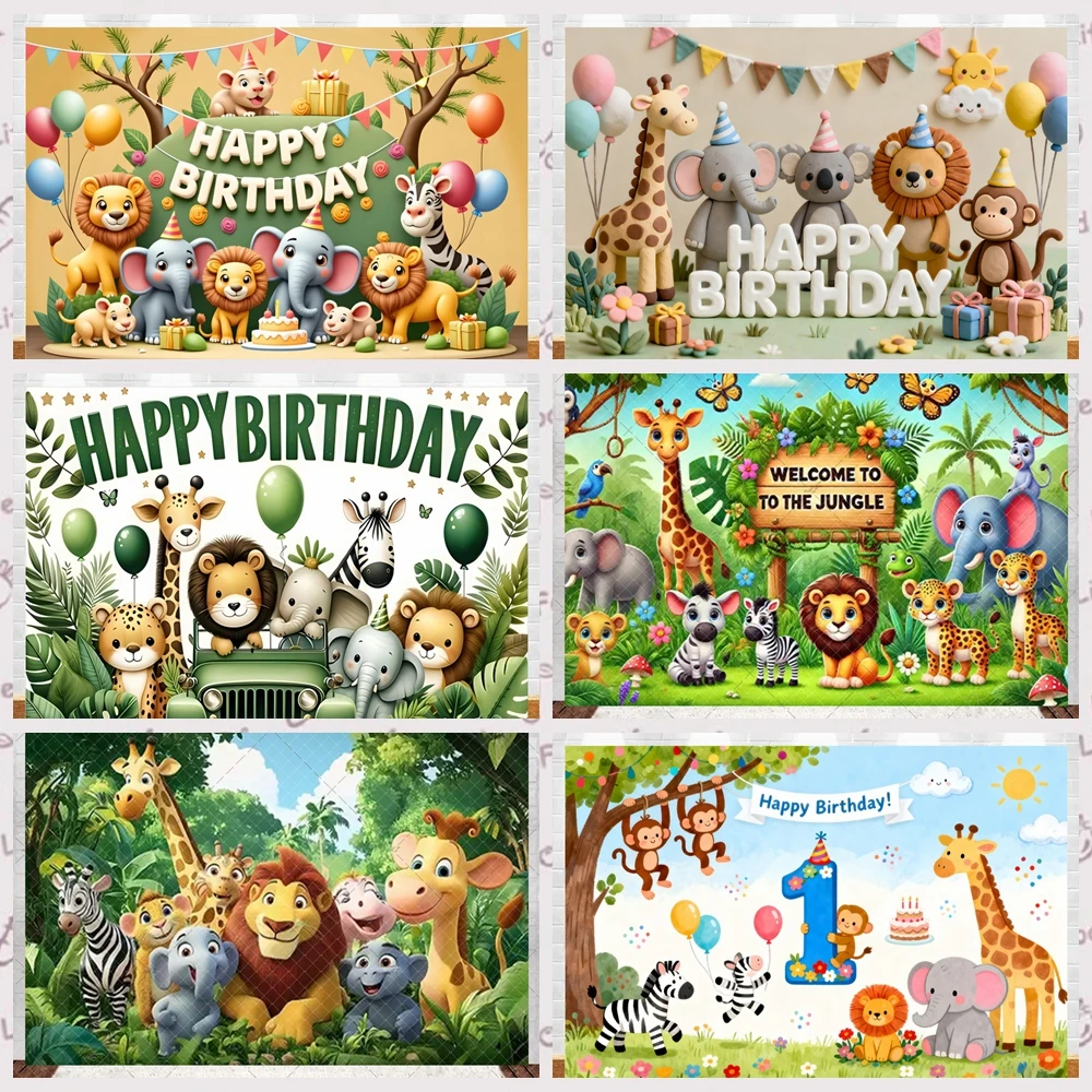 

Children's zoo theme lion giraffe elephant cartoon birthday party photography background wall poster photo studio shooting props