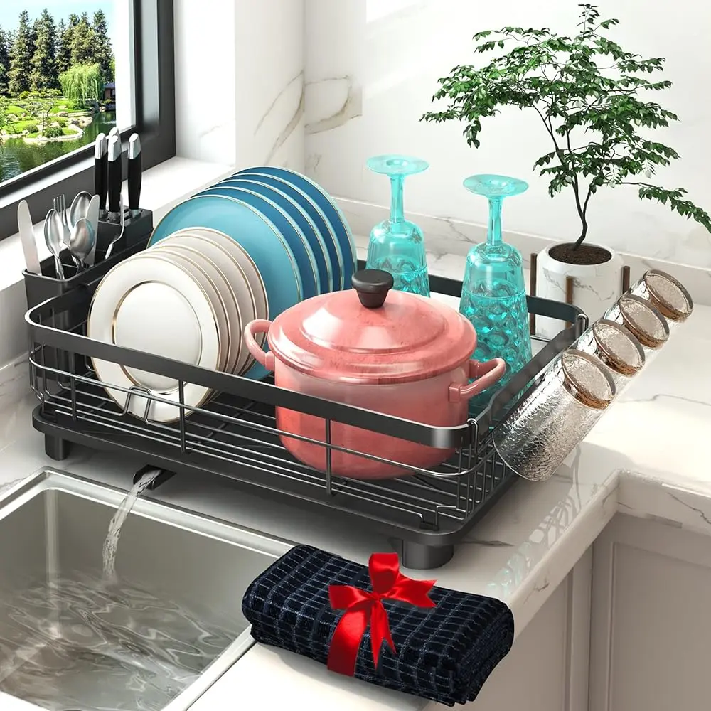 

Free ShippingDish Drying Rack, Dish Rack with Auto-Drain & Mat, Dish Drainers for Kitchen Counter, Glass Organizer for 4 Cups, 3