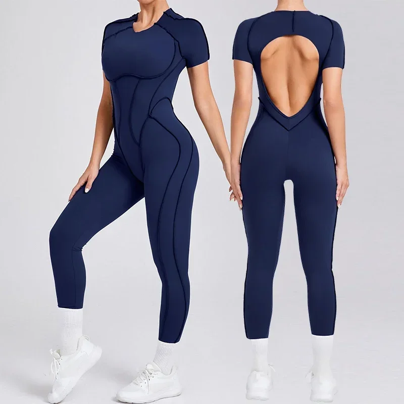 

Women's One-Piece Suit Zipper Short Sleeve Gym Push Up Workout Clothes Fitness Short Bodysuit Sportswear Jumpsuits