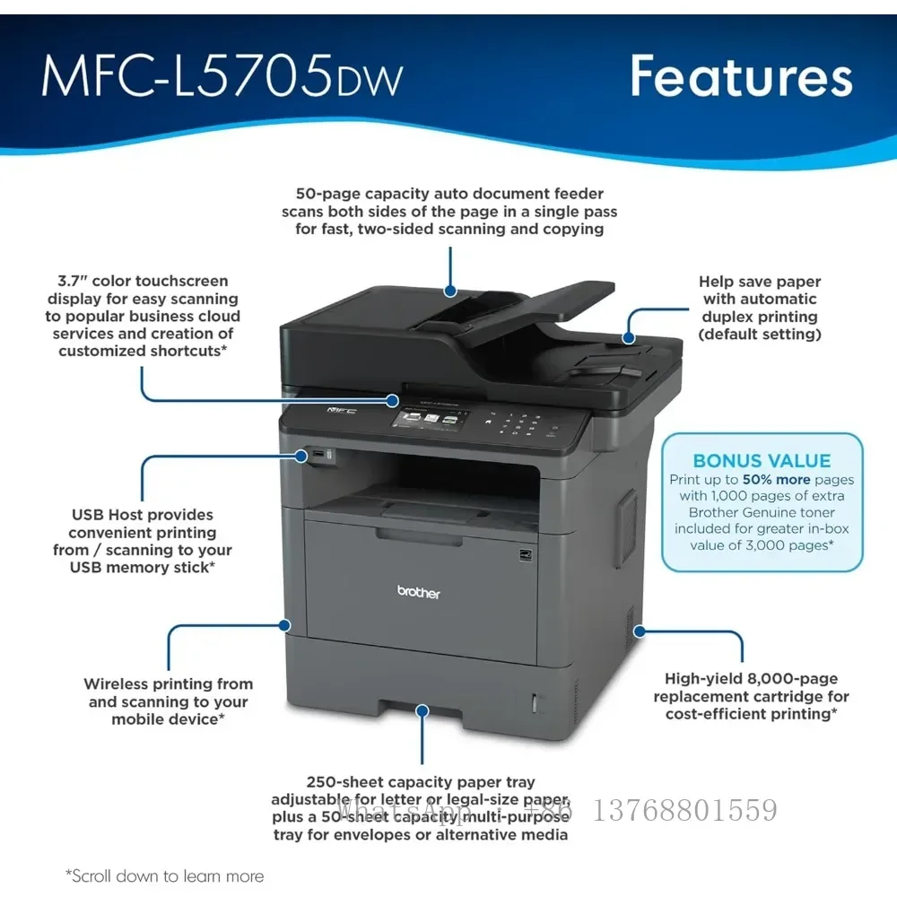 Monochrome Laser All-in-One MFCL5705DW, up to 1,000 Extra Pages of Additional Toner Included in Box‡