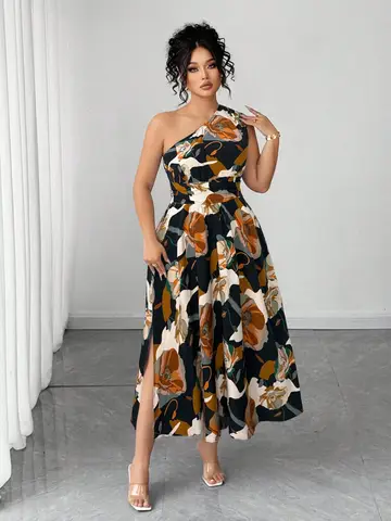 Asymmetrical One-Shoulder Floral A-Line Maxi Dress With Side Slit For Plus Size Women, Elegant Party Wedding Guest Outfit