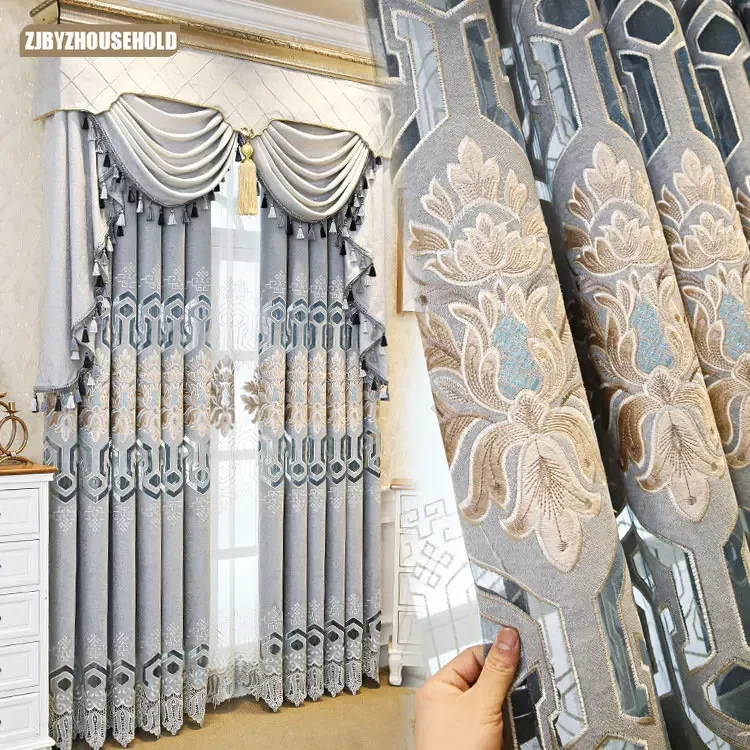 

European Style Hollow Curtain High-end Bay Window Luxury Shading Curtains for Living Dining Room Bedroom