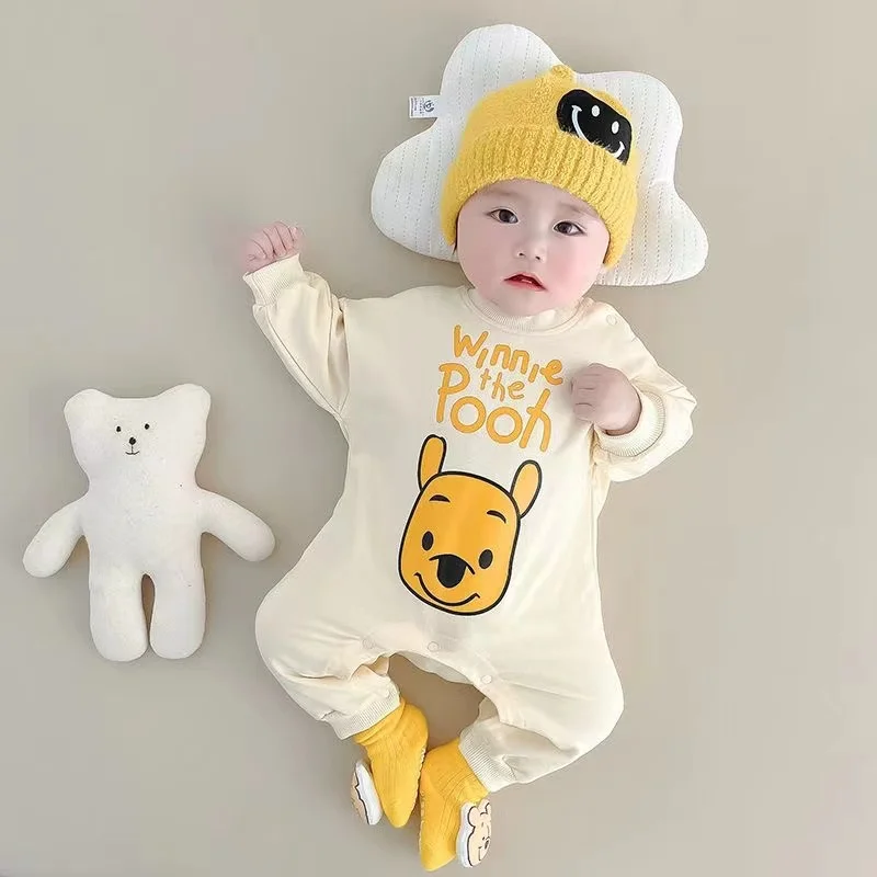 Spring Autumn Newborn Baby Boys Rompers Cartoon Winnie Pooh TUSM Mickey Print Long Sleeve Jumpsuit Cotton Kids Girl Outfit 0-2T