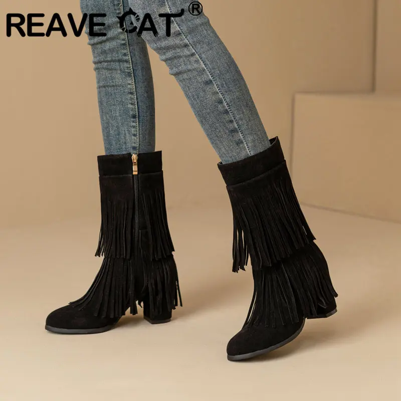 REAVE CAT Ladies Mid Calf Boots Flock Suede Round Toe Block Heels 7.5cm Tassels Size 48 49 50 Fashion Dating Booty