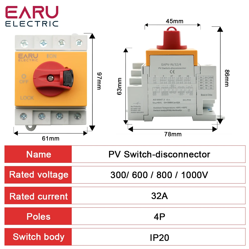 Din Rail Solar PV DC 4P 32A 1000V Rotating Handle Isolator Rotary Switch Disconnector For Solar distribution box