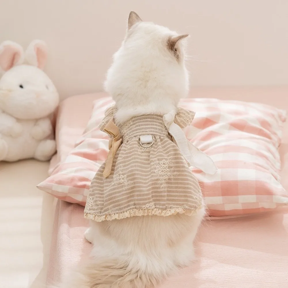 New Japanese-Style Small Dog Dress Bow Tie Striped Pattern Pet Dresses Lace Embroidery Flower Dog Clothes Spring Decor