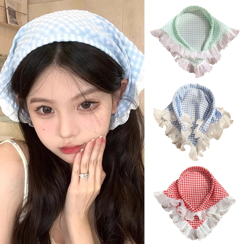 New French Lace Plaid Triangle Bandanas Headband Summer Sweet Sunscreen Headwrap Rustic Style Women Girl Hair Accessories