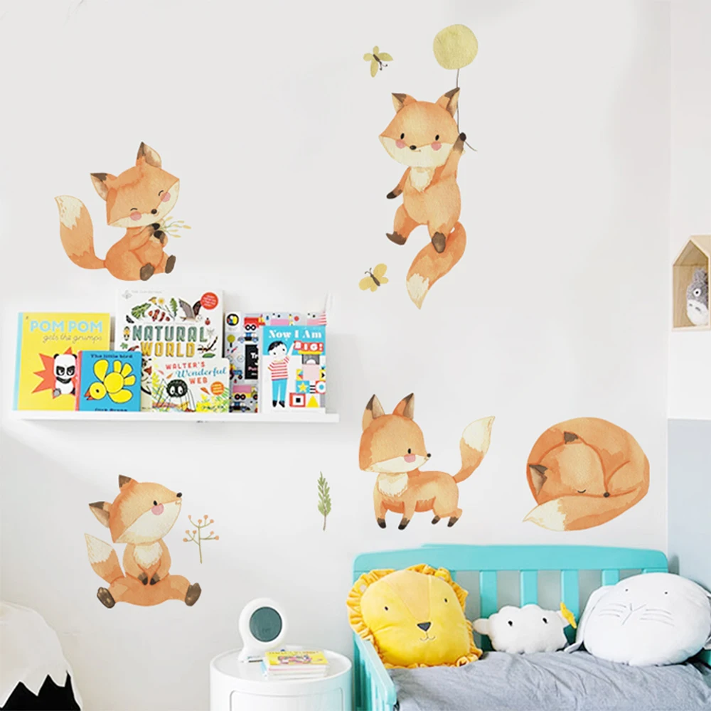 Boho Cartoon Cute Fox Friend Animal Clouds Wall Decal Watercolor Vinyl Nursery Print Kids Boys Girls Room Interior Home Decor