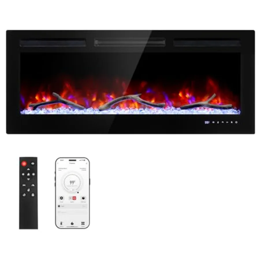 

42-дюймовый умный Wi-Fi электрический каминный обогреватель, настенный встраиваемый электрический каминный вставка с таймером, замок от детей, звук трещин