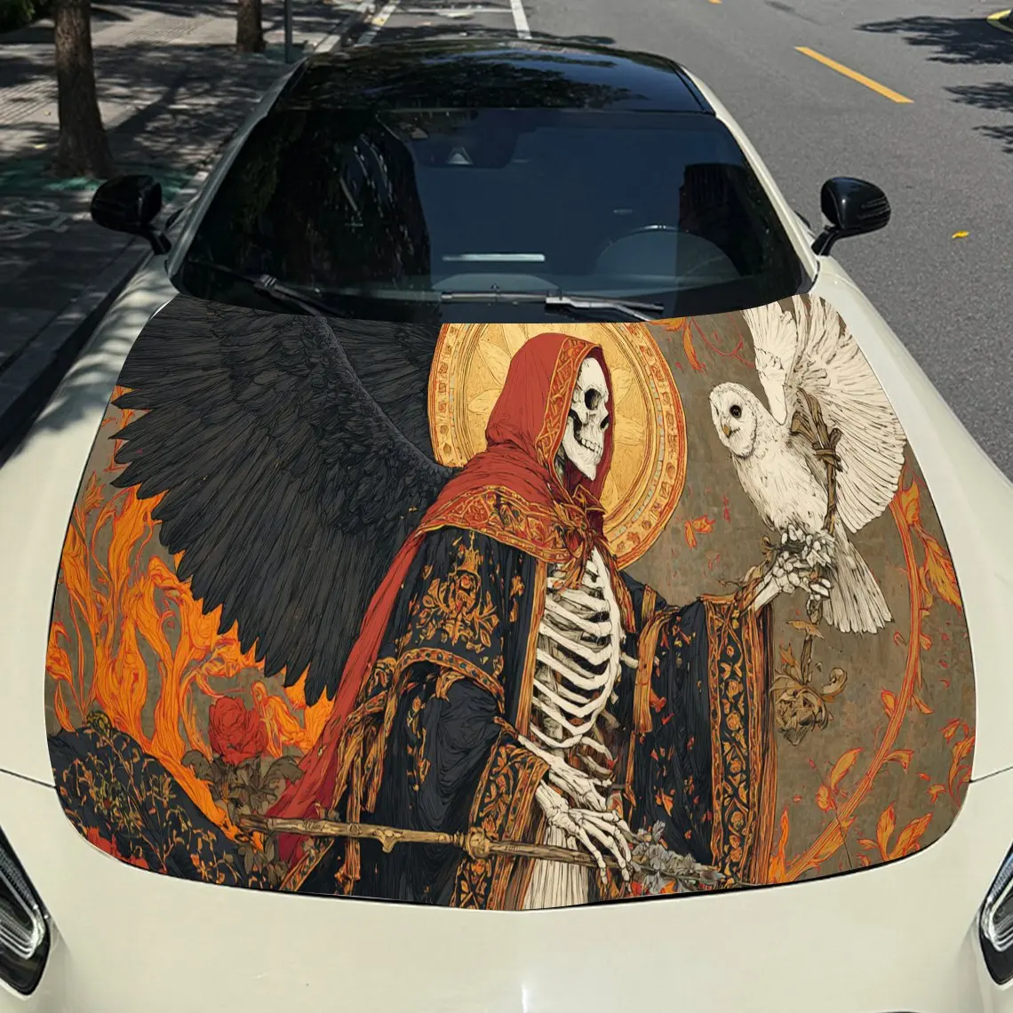 ملصق غطاء محرك السيارة الكلاسيكي ذو الهيكل العظمي الإلهي والبومة، يلتف الفينيل التلقائي، ملصق سيارة ذاتي اللصق مقاوم للماء، متين ونملة #4