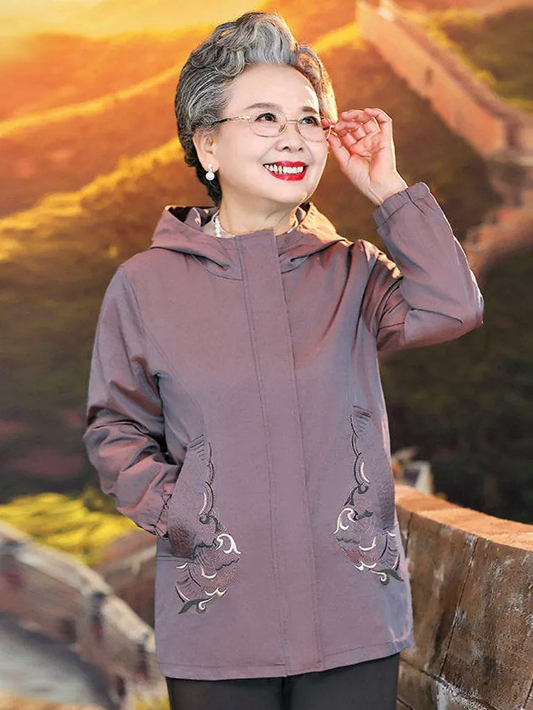 

Spring Fashionable Short Coat Jacket for Elderly Women Casual Style Thin Cotton Material Zipper Closure Long Sleeve Pure Color
