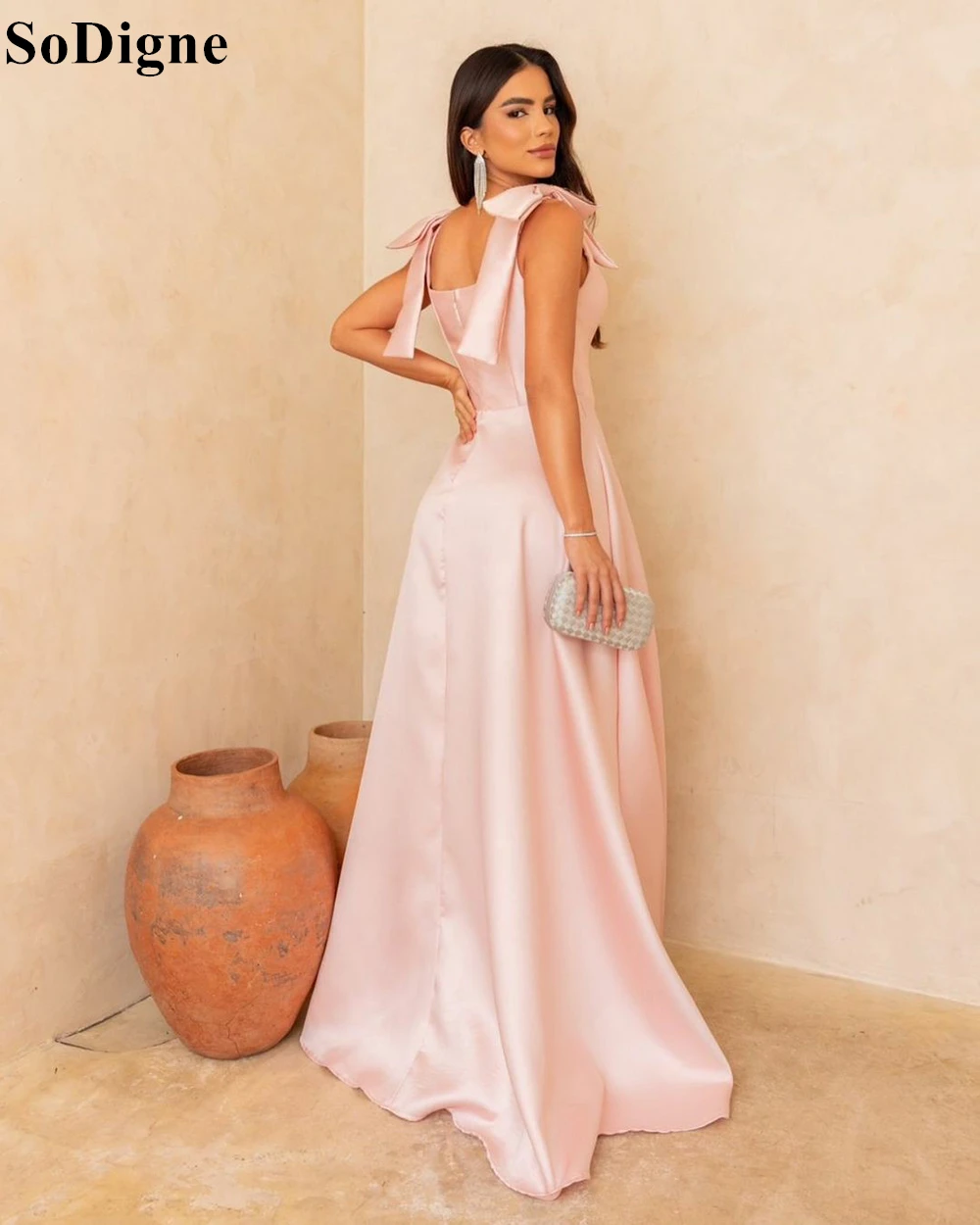SoDigne Elegant Pink Satin Evening Dresses Square Neck Pleated Sleeveless Bow Party Dress 2024 Formal Event Prom Gown Customized