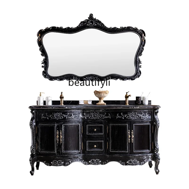 183High-end red oak European bathroom cabinet double basin wash basin combination black lacquer seedling silver
