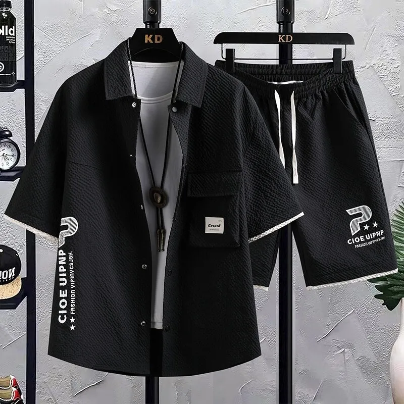 

2025 Spring/Summer New Casual Fashion Shirt+Shorts Set for Men High Quality Collar Splicing Single breasted Shirt Two Piece Set