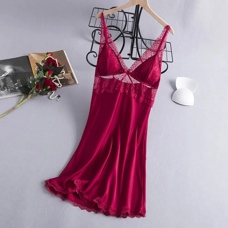 

Новая летняя женская ночная сорочка на бретельках с кружевом и открытой спиной, шелковистая атласная пеньюарная одежда для дома и сна, женское белье d'4
