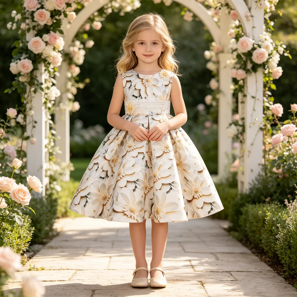 Cross-border Europe and the United States Retro Dresses Children Butterfly Print Princess Dresses Girls Runway Evening Dresses