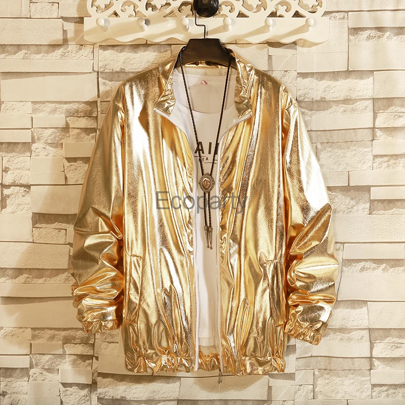 Men's Fashion Metallic Windbreaker Jackets Shiny Gold Glitter Zipper Coat Male Hip Hop Dance Performance Harajuku Jacket