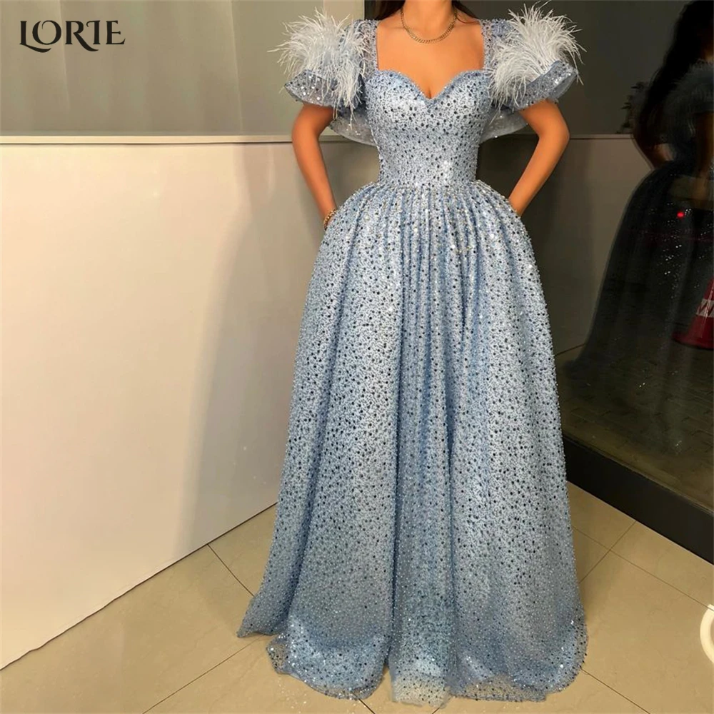 

LORIE Sky Blue Glitter Formal Prom Dresses A-Line V-Neck Feathers Pleats Cap Sleeves Evening Dress Pageant Princess Party Gowns