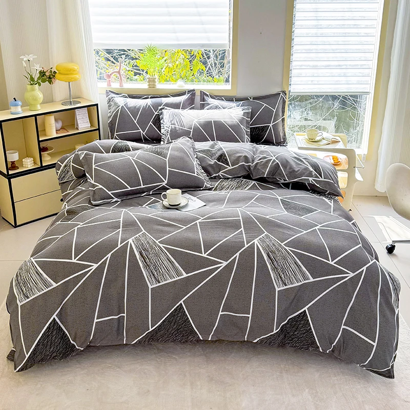 

4pcs Grey Geometric Lines Bedding Set, Soft Breathable Bed Linen with Duvet Cover, Pillowcases & Sheet, Full/Queen/King Size
