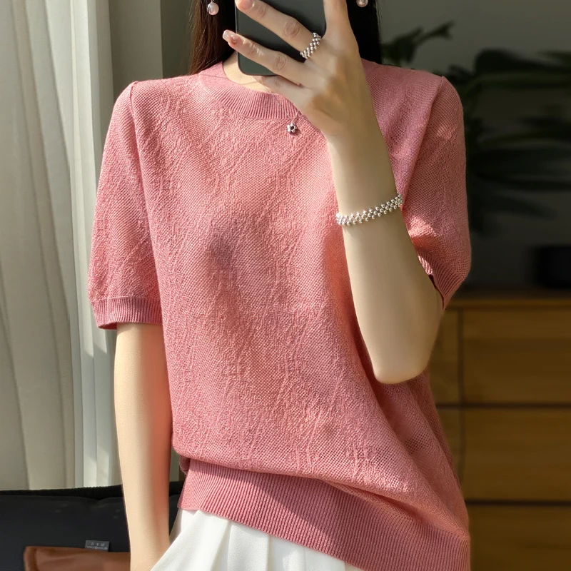 

Women's T-Shirt Summer Worsted Wool Sweater Short Sleeve Casual Round Neck Ladies Tops Loose Blouse Pullover Tees