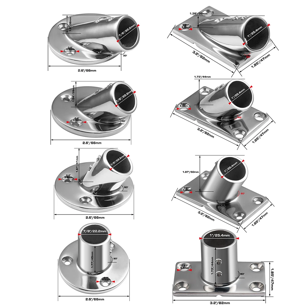 Goture 1PC Boat Hand Rail Fitting 35/45/60/90 Degree Stainless Steel  7/8”/1” Round/Rectangular Base Yacht Boat Railing Hardware