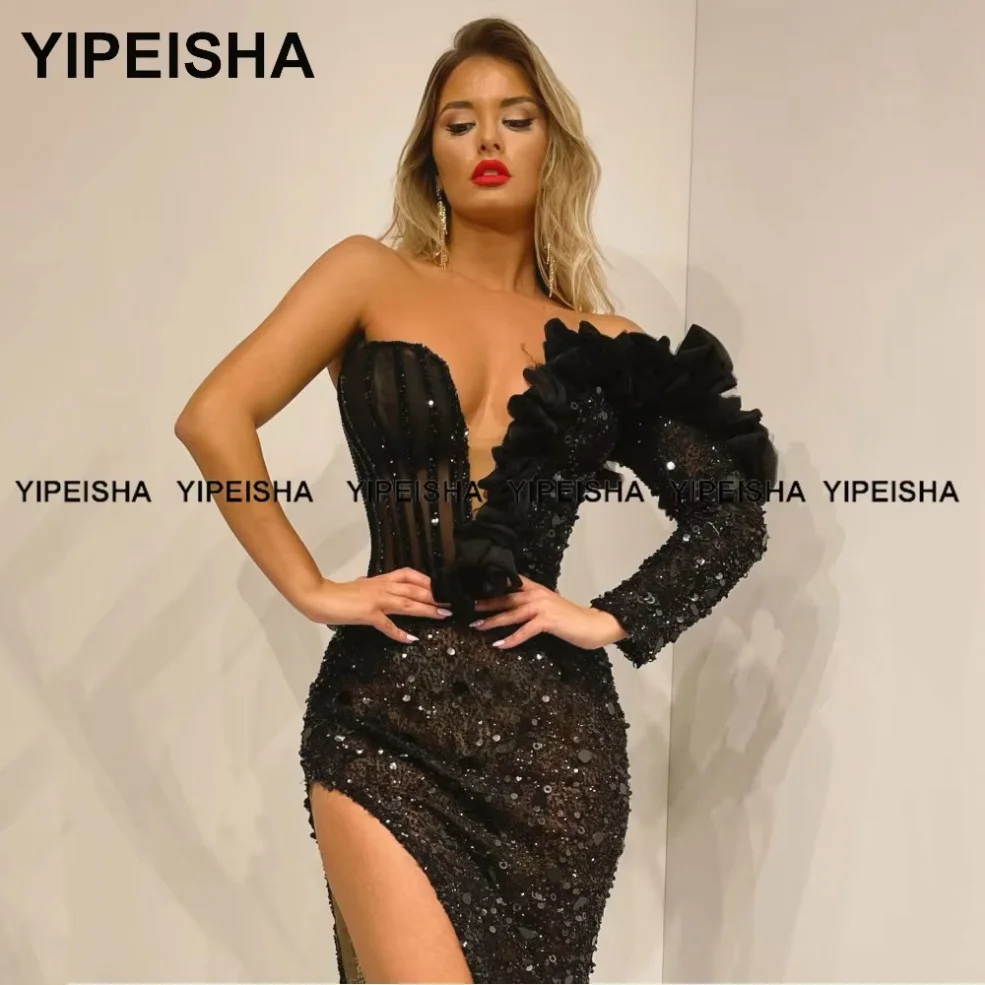 Abiti da spettacolo sexy personalizzati con spacco alto Abito da ballo nero con maniche lunghe glitterate Abito da sera a sirena lungo