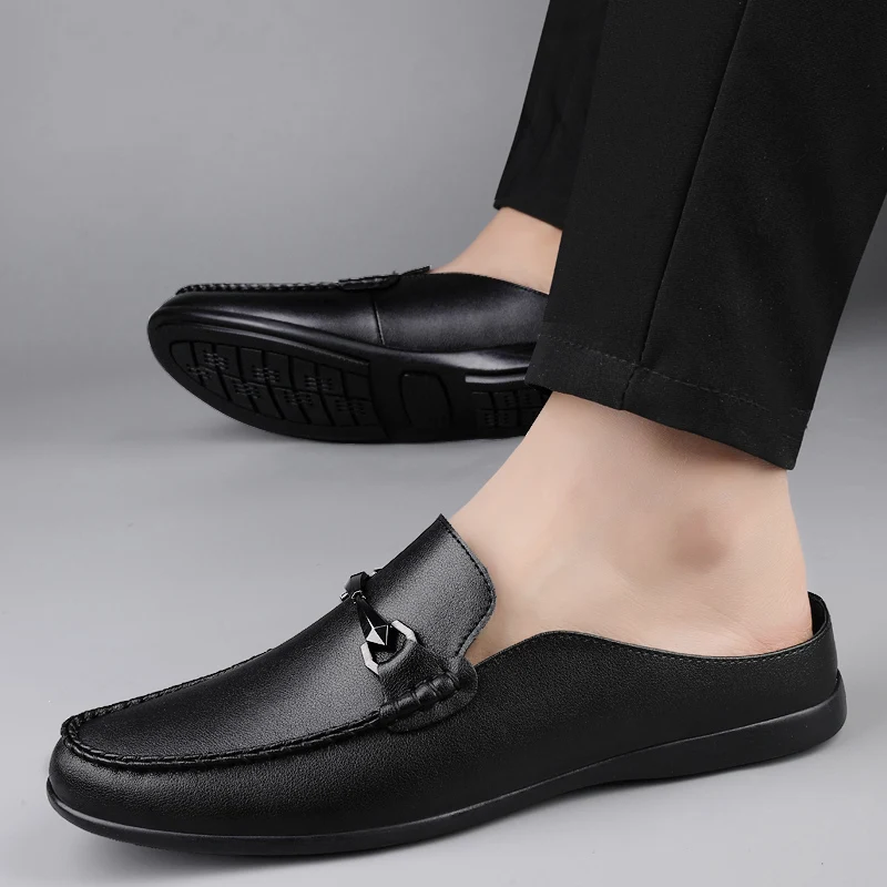 Big Size 48 Summer Mules Men Backless Casual Shoes Loafers Half Slippers Lightweight Slip On Flats Leather Outdoor Slides Sandal