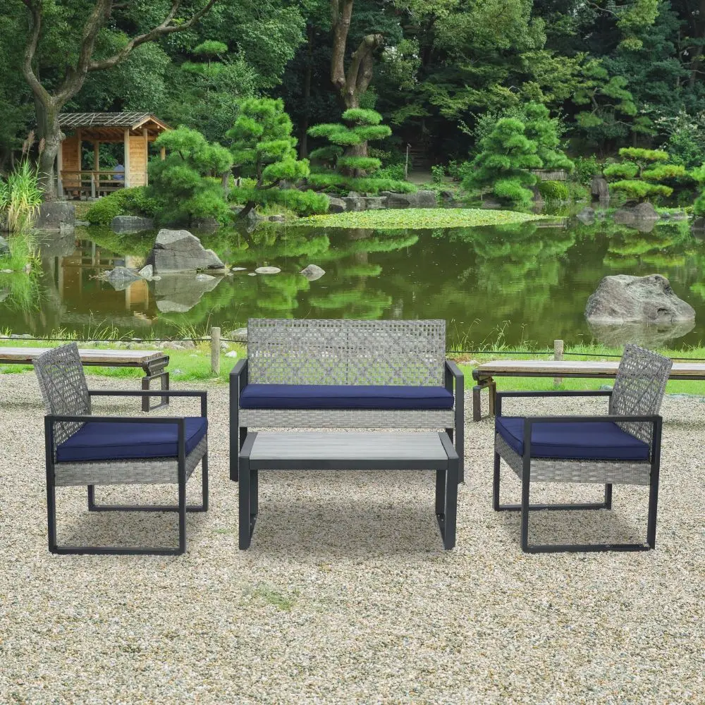 

4-Piece Outdoor Patio Furniture Set: Gray Acacia Table, Blue Cushions & Light Gray Rattan
