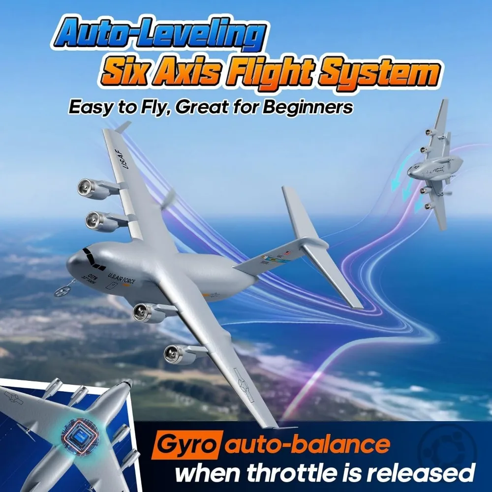 Ready-to-Fly 2-Channel C-17 Globemaster III Military Transport RC Airplane with 6-Axis Gyro Stabilization