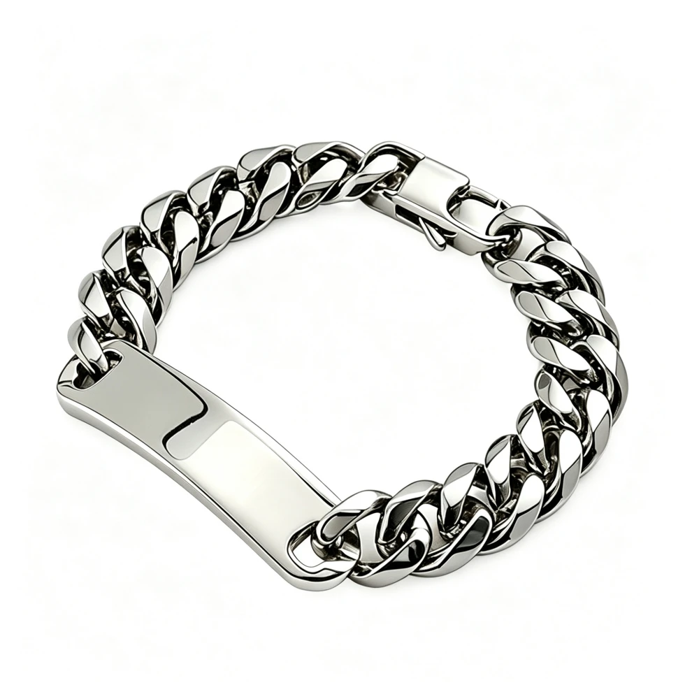 HNSP 10MM Stainless Steel Curb Chain ID Bracelet For Men Waterproof Hand Chain Cuban Link ID Engravable Curved Bar Bracelet