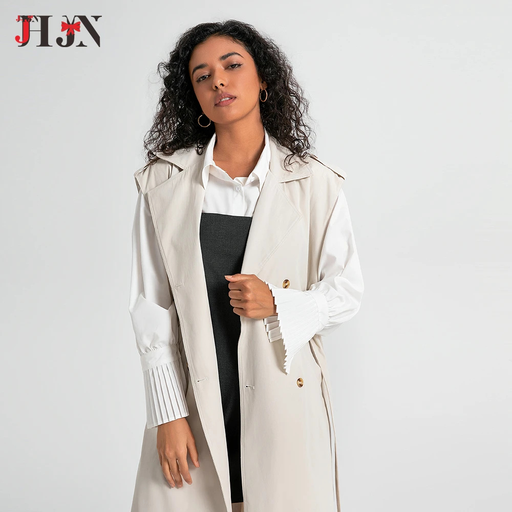 JHJN Trench da donna francese senza maniche con tasca Capispalla allentato casual Cappotto doppiopetto Cintura di tendenza solida Gilet lungo