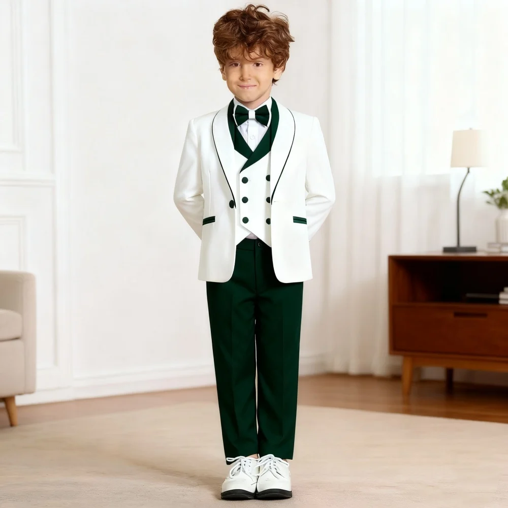 

Formal White & Dark Green Tuxedo Set for Boys 3-14 Yrs Communion Wedding Flower Boy Suit Jacket Vest Pants Bow Tie Suit