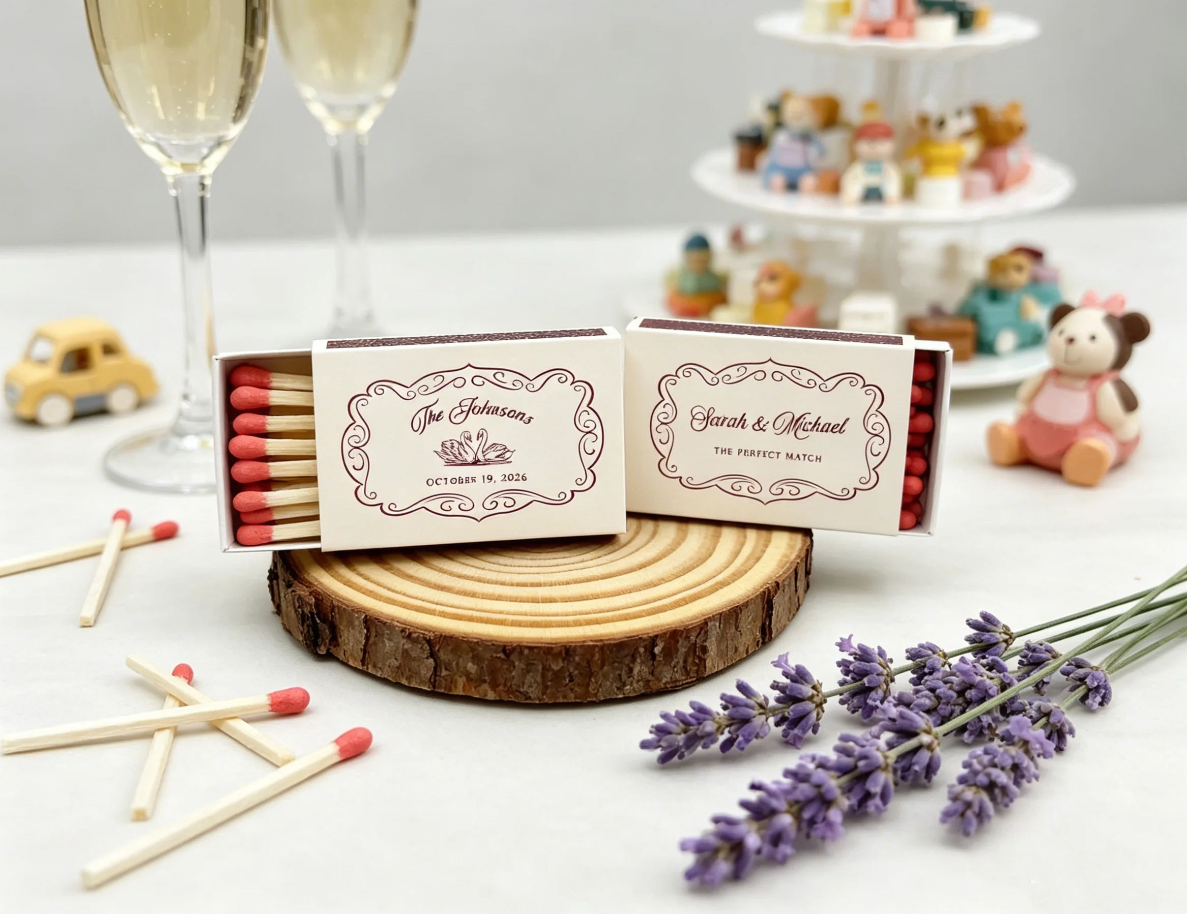 

Vintage Striped Wedding Matchboxes, Personalized Swan "The Perfect Match" Favors, Elegant Custom Matchbooks for Bridal Shower &