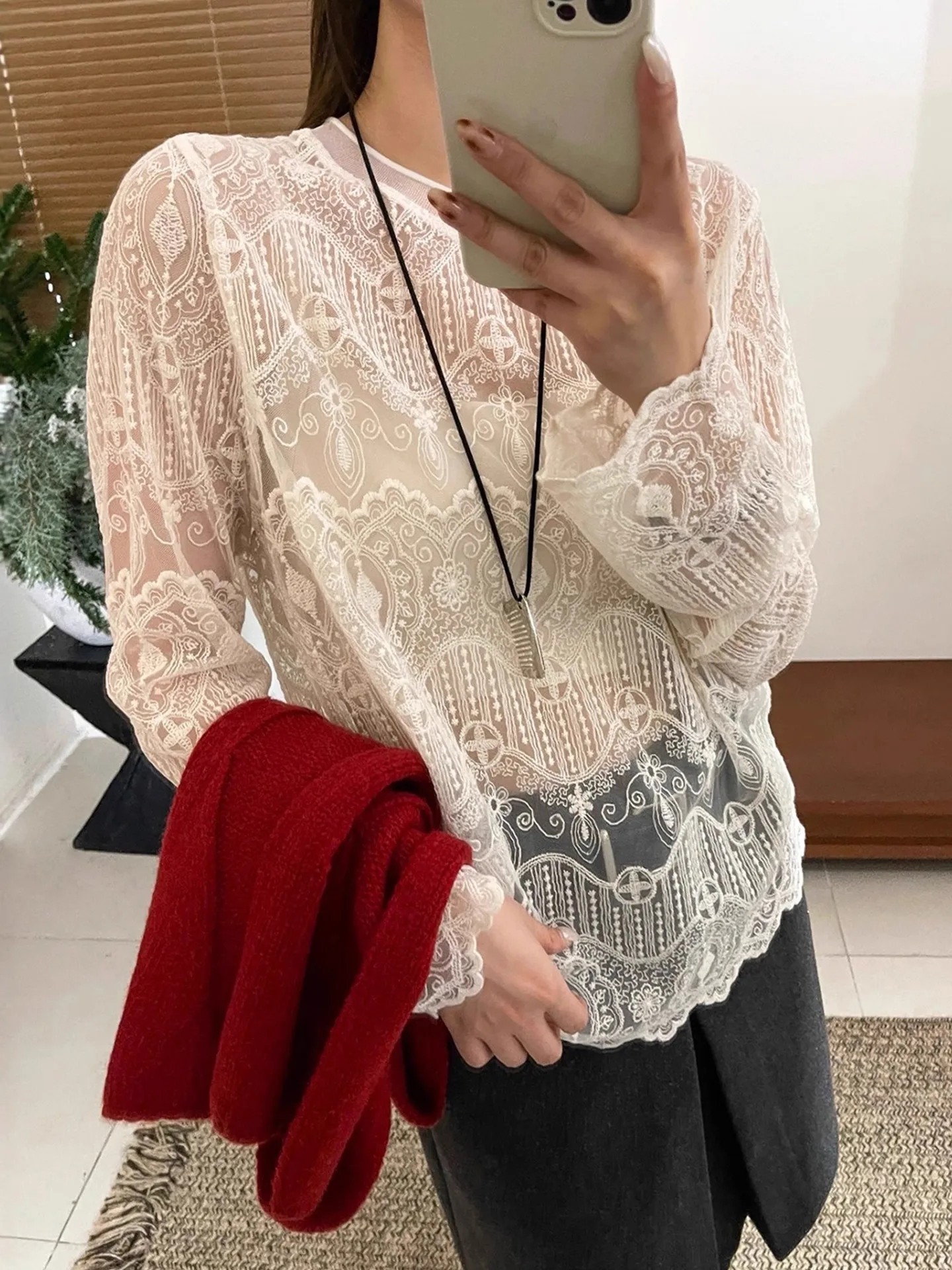 

Женский кружевной топ с открытыми плечами, свободного кроя, с длинными рукавами, базовая модель, внутренняя одежда, утягивающий дизайн, осенне-зимняя мода