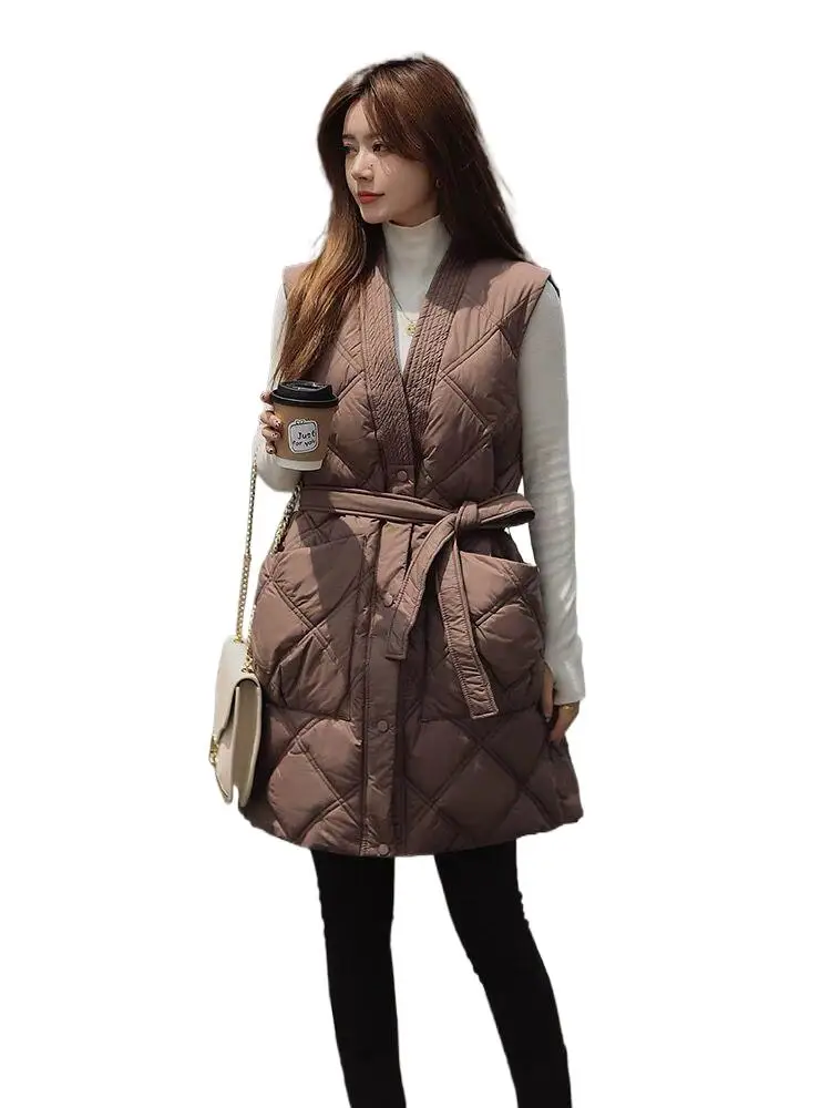 

Korean fashion V-neck women's medium length down vest jacket 2024 Autumn Winter parkas tanks lace up Sleeveless coat