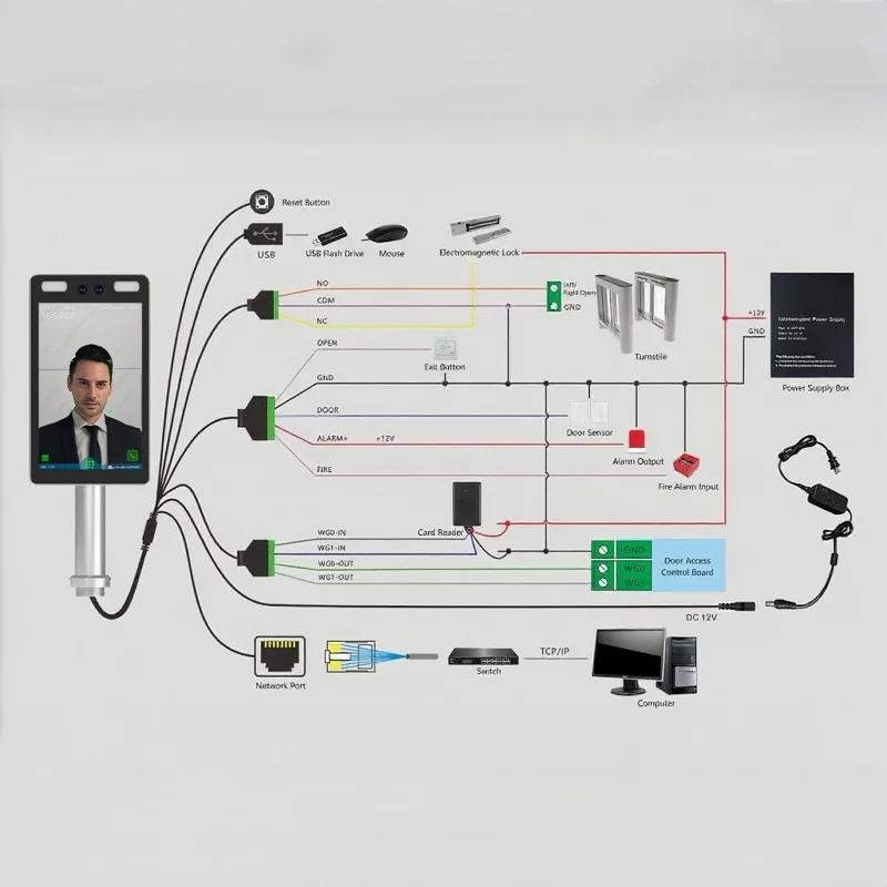 8 인치 RFID 얼굴 인식 액세스 제어 동적 감지 도어 잠금, 시간 출석 기계 무료 소프트웨어 tcp/ip