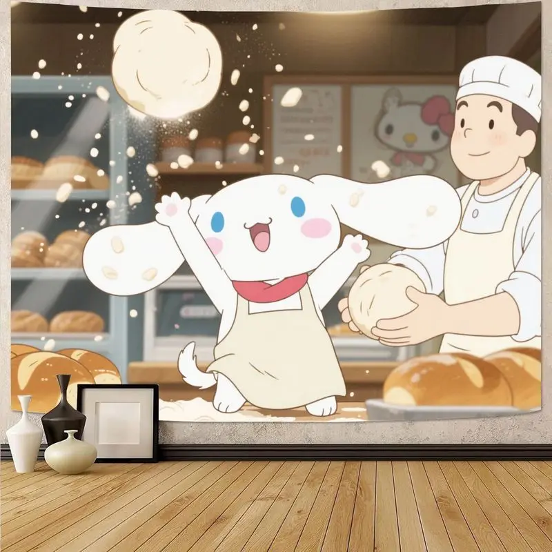 

1PC Sanrio Cinnamoroll Kawaii Baking Fun Gift Tapestry Modern Polyester Wall Art Living Room Bedroom Dorm Decor Gift for Fans