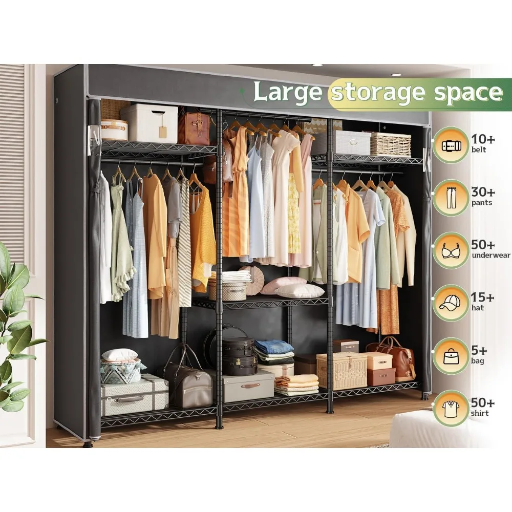 Heavy Duty Portable Closet with Cover, 3 Rods and 9 Shelves for Space Saving Storage in Bedrooms and Dorms