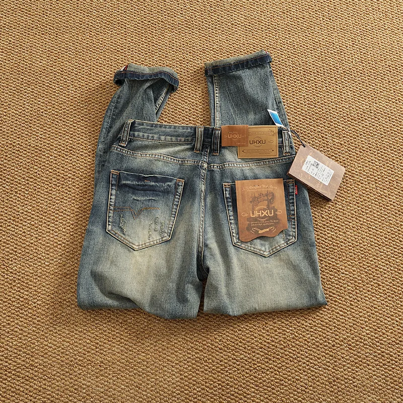 

Amei Khaki heavy-duty men's jeans, high-end, distressed with cat scratches, whitened, vintage wash, stretchy, straight-leg, slig