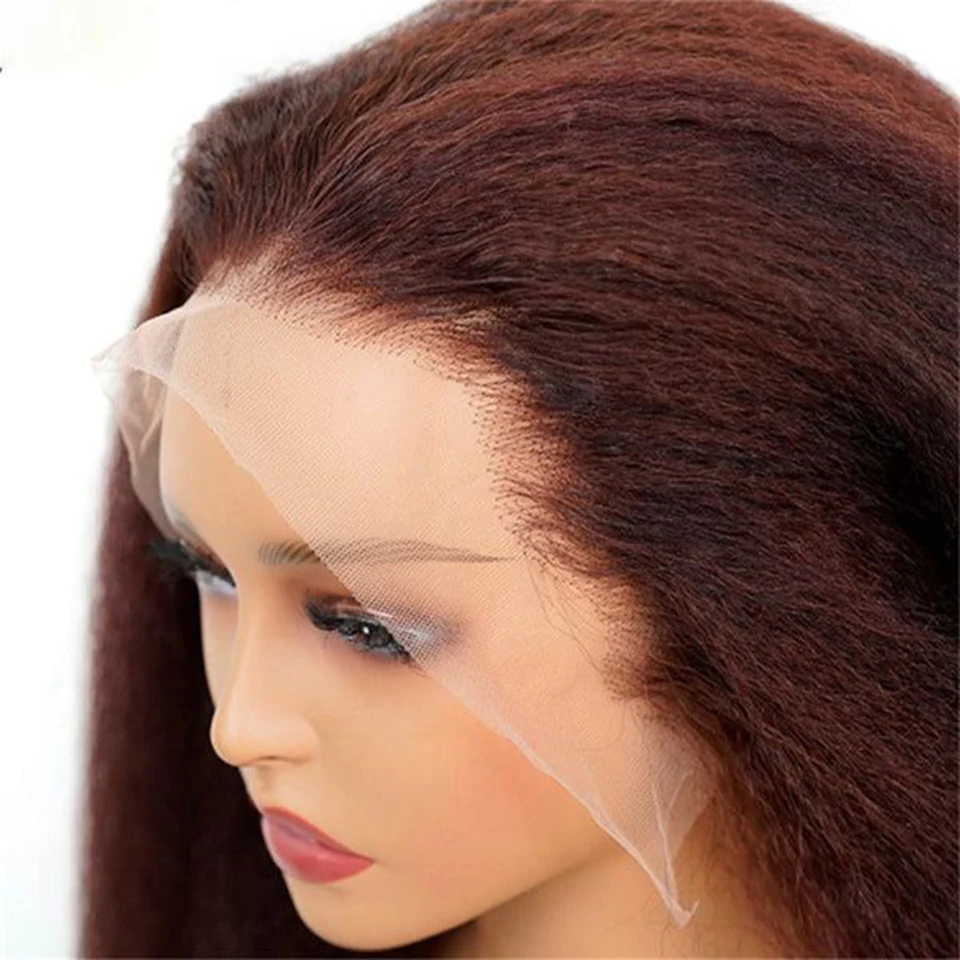 Lace Front peruca de cabelo humano, Kinky reta perucas, marrom avermelhado, peruca natural, cru Índia, pré-arrancado colorido, HD, 13x6