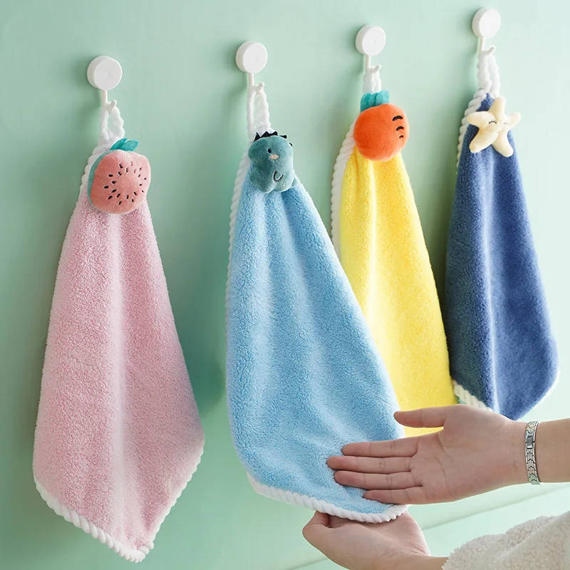 Thickened Hand-Wiping Towel Cartoon Doll Coral Fleece Towel Hangable Absorbent Soft Handkerchief Kitchen Bathroom Cleaning Towel