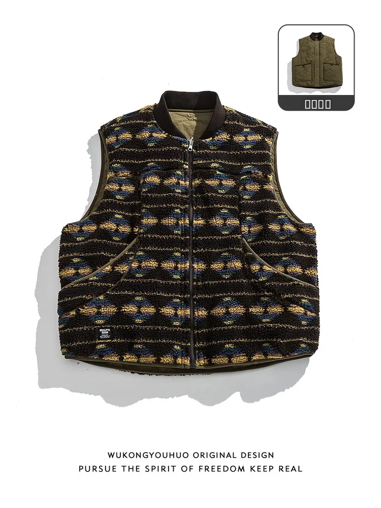 

Double-Sided Wear Lamb Fur Cotton Vest Men's Outdoor Warmth oulder Pad Jaet Retro Ethnic Sle Youth Trend Winter Casual