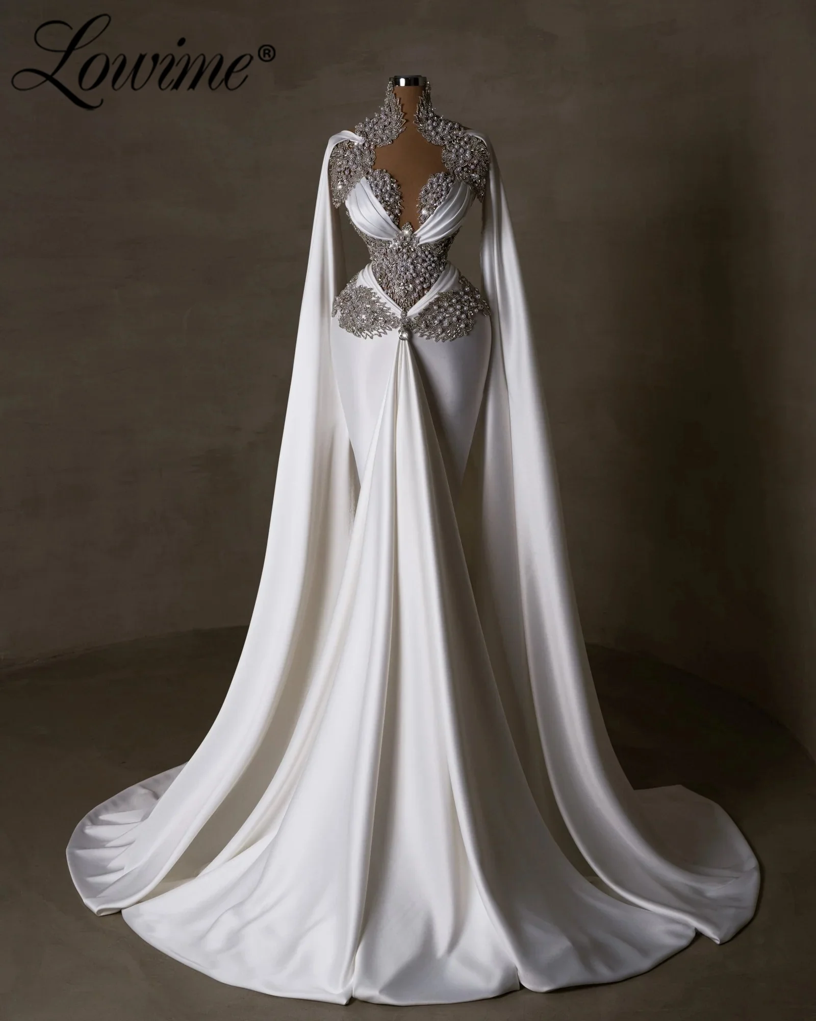 Abendkleid Luxury 2024 Dubai Evening Dress White Cape Sleeve Mermaid Prom Dresses Full Pearl Crystals Party Gown Customized Robe