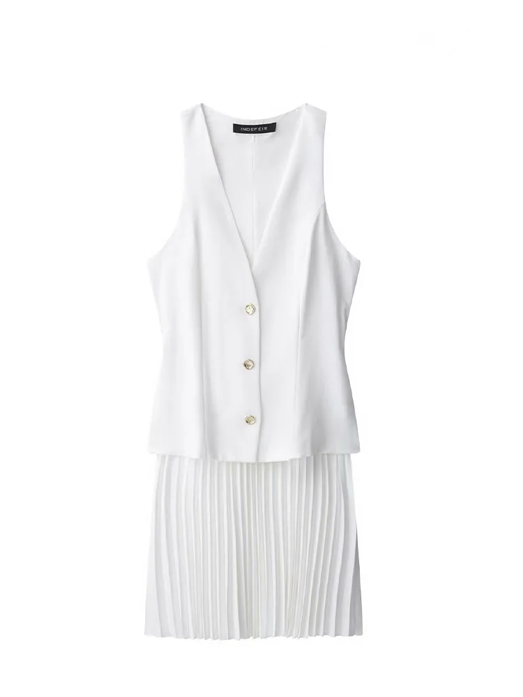 HH Women Beach Style Slim White Single-breasted Sleeveless New V-Neck Mini Dress Splice Decoration Women's Summer Dresses