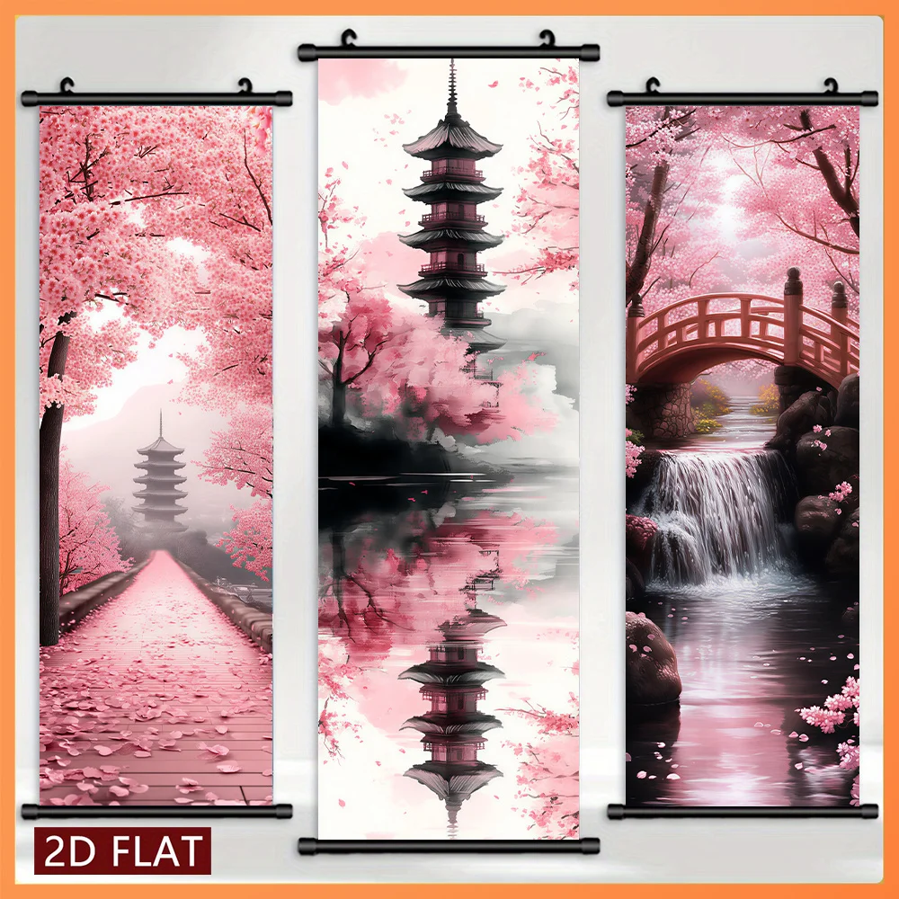 Sakura Ancient Pagoda Water Landscape Scroll Tapestry High Definition Non Fading Wall Hanging Scroll Painting Room Decoration